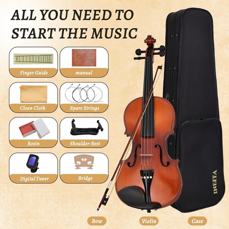INEFFA Violin 3/4 for Beginners with Hard Case, Violin Bow, Bridge, Rosin, Shoulder Rest, Stickers, Tuner, Instruction, Handcraft with Maple, Spruce (3/4) - Image 2